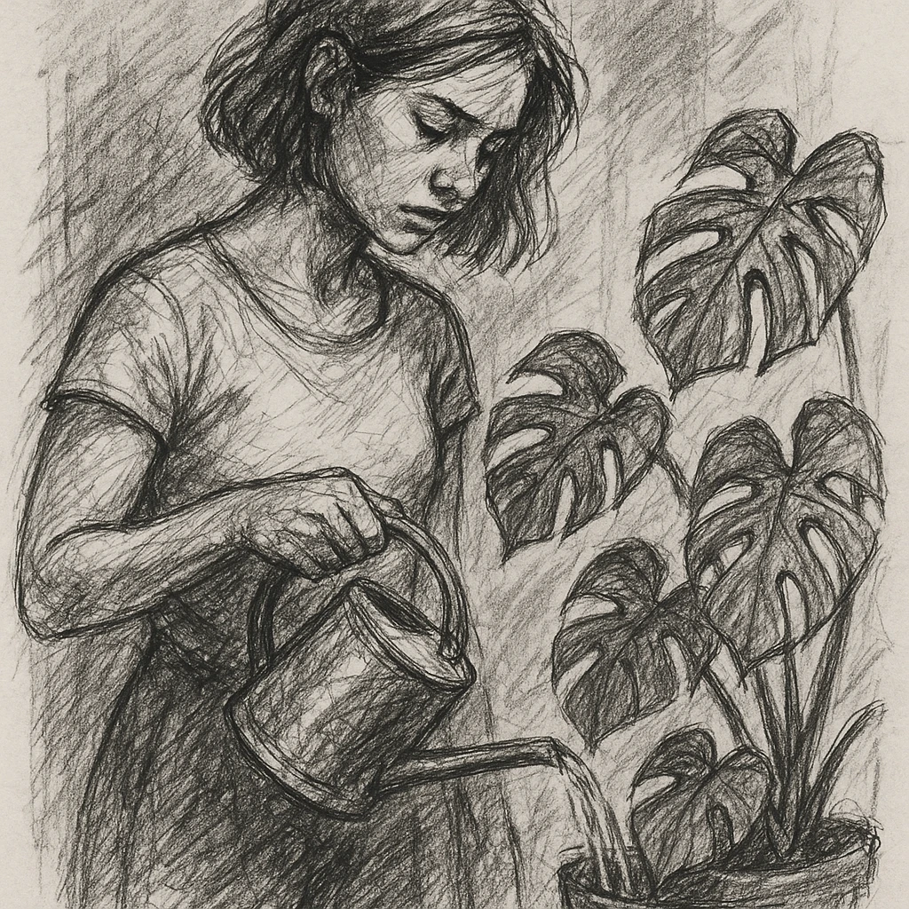 woman watering her monstera plant emoji
