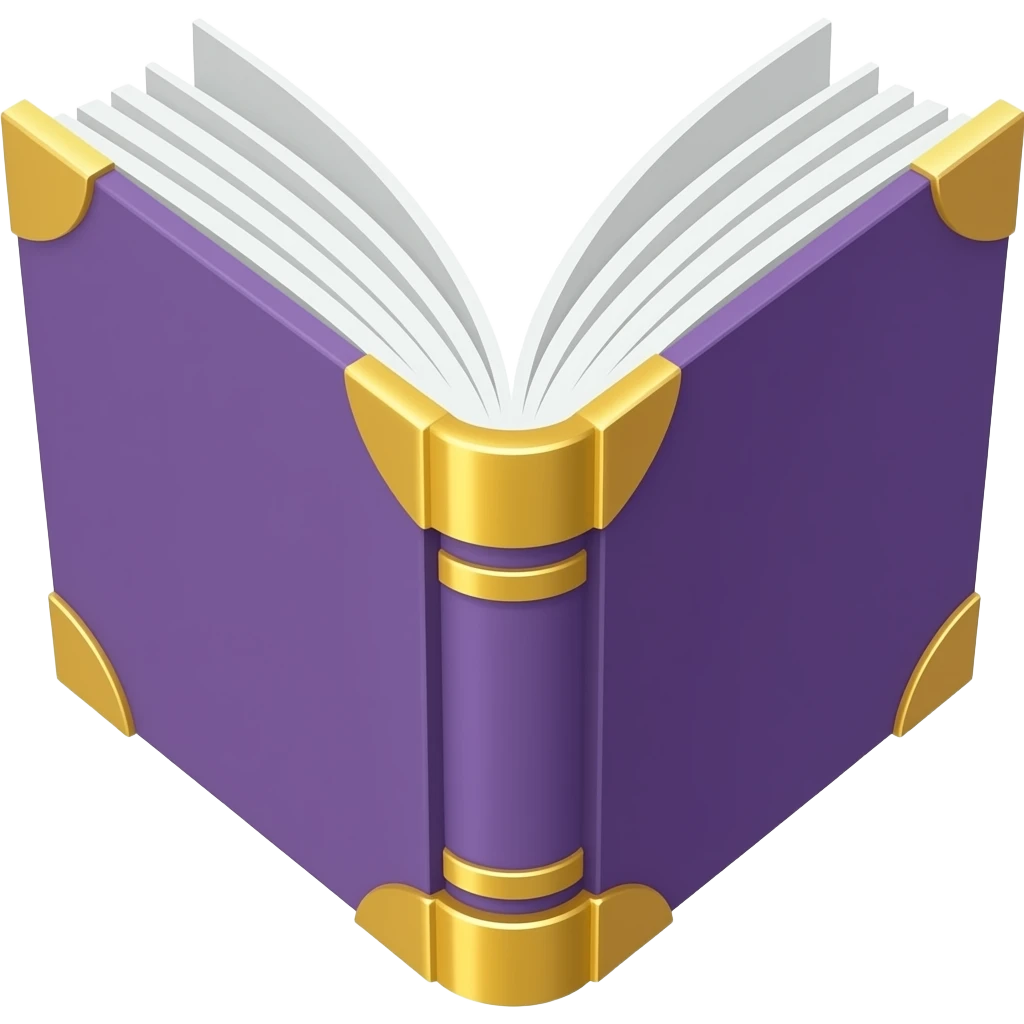 open purple book with gold corners on exterior, pages facing me emoji