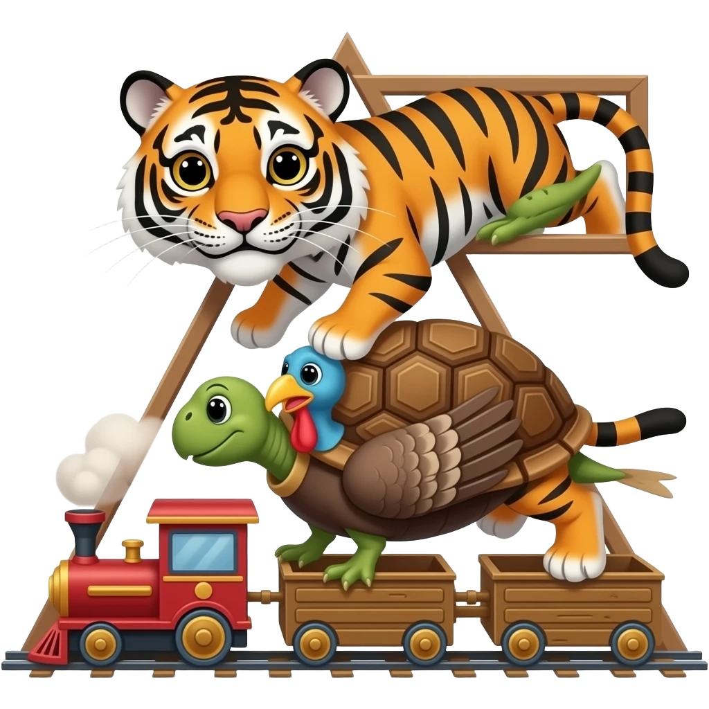 Tiger,tortoise and turkey ride the triangle train letter T emoji