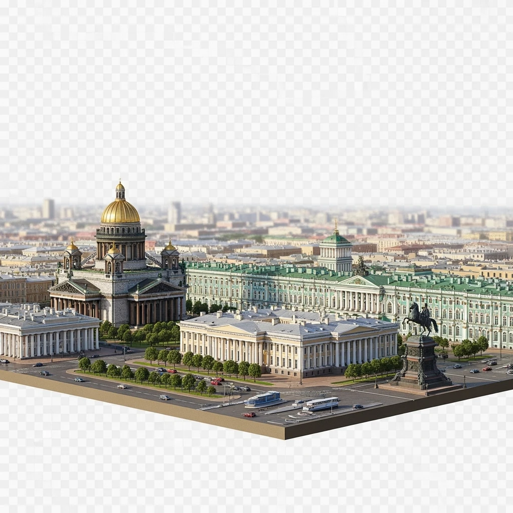 Изометрическая модель-иллюстрация Санкт-Петербурга с фотореалистичными достопримечательностями - Исаакиевский собор, Зимний дворец, Адмиралтейство, памятник Петру I, баланс между стилизацией и реализмом, эффект рисованной миниатюры Tift shift, прозрачный фон. emoji