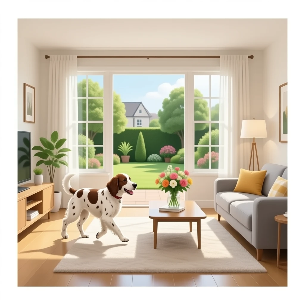 The Setter walks into the bright living room. emoji
