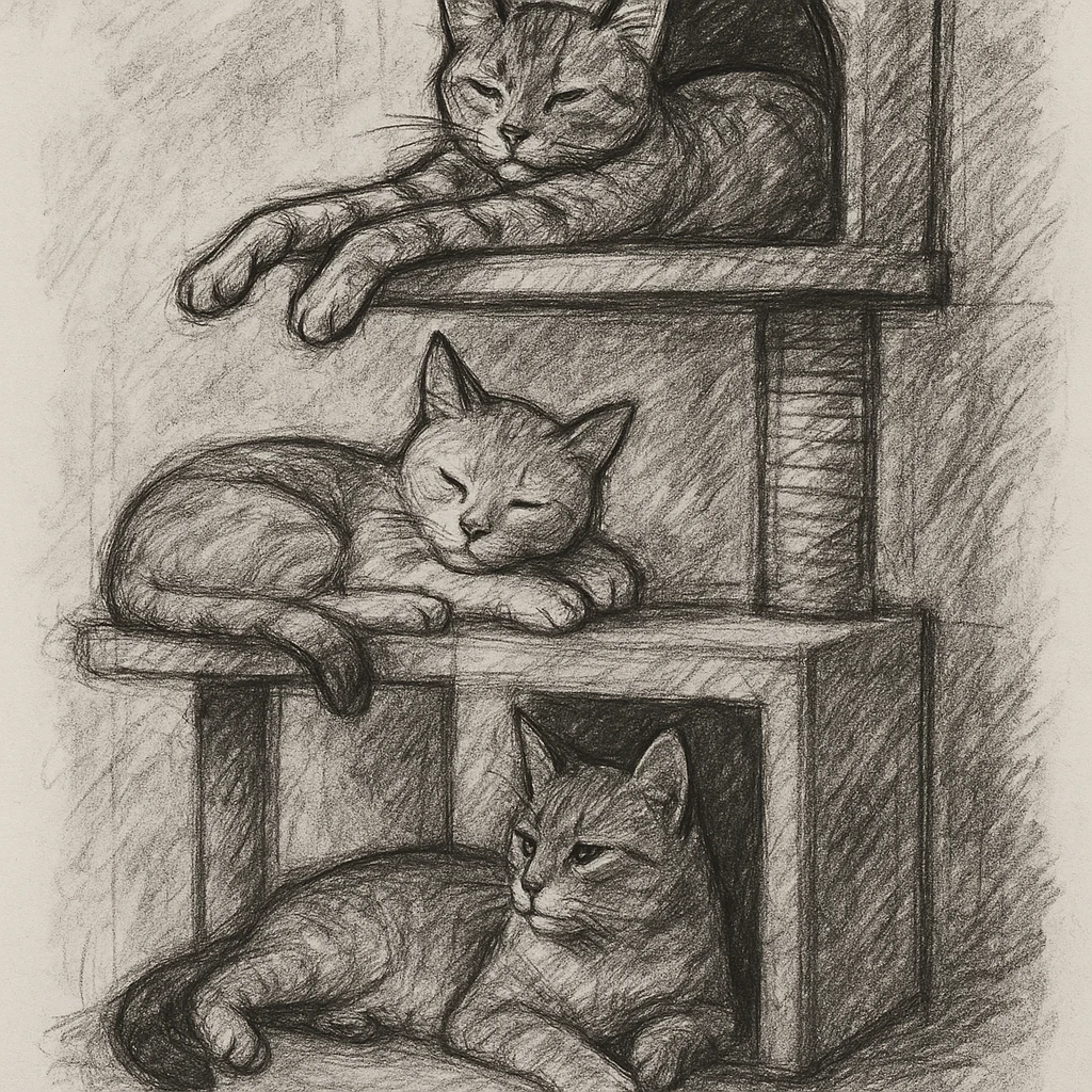 cats relaxing in a vertical playhouse emoji