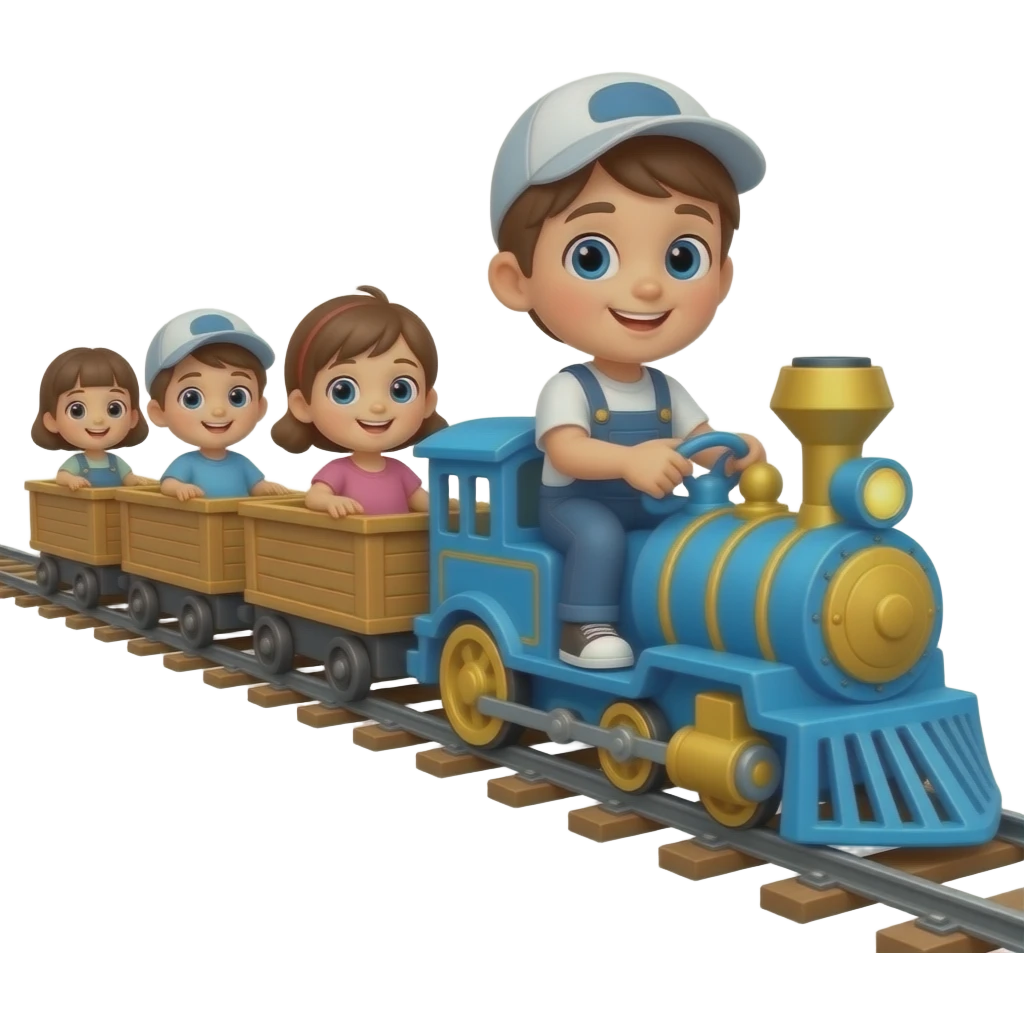 A child driving a blue toy train on the train track pulling wagons with kids inside emoji style emoji