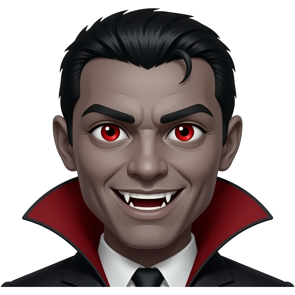 faça uma vampira de pele negra com o cabelo preto e medio olhos vermelhos e dentes afiados mostrando emoji