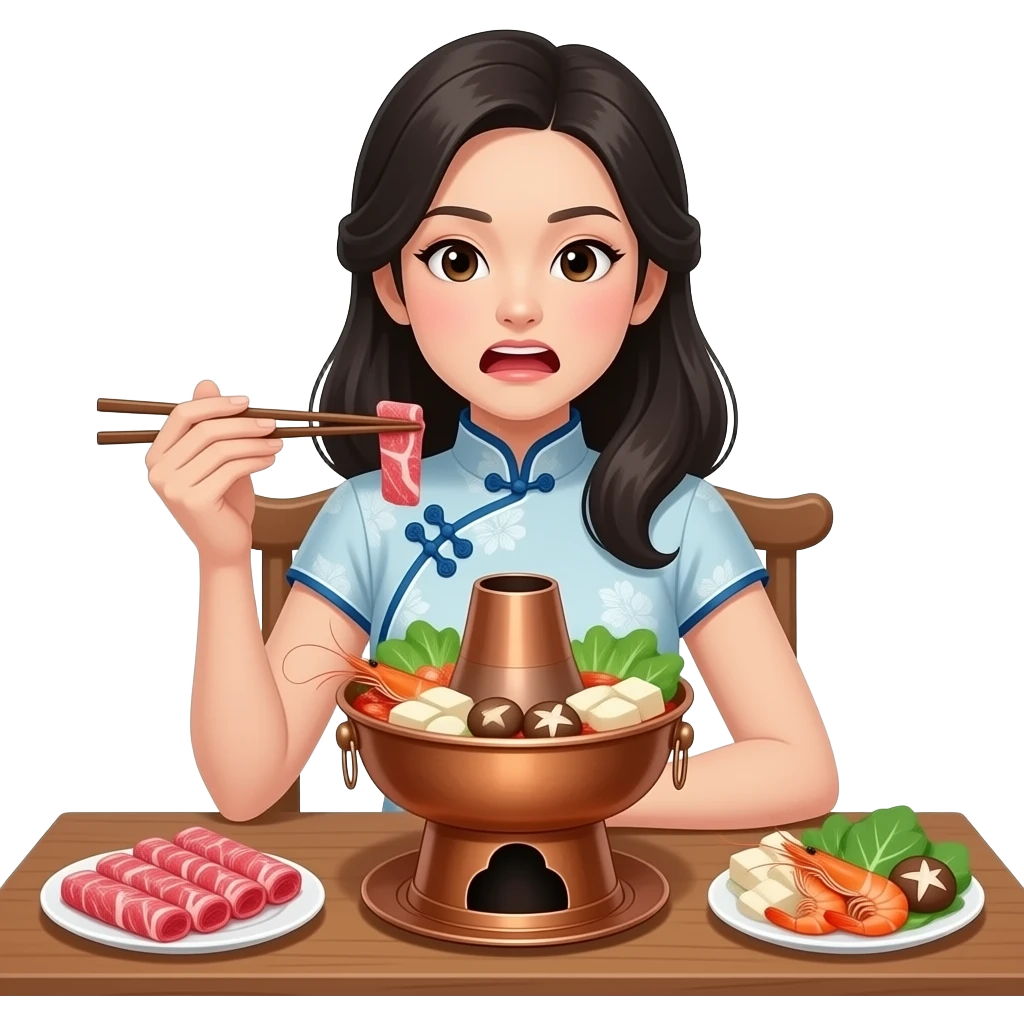 亚洲女性手握筷子，表情馋嘴，面前是古典铜火锅，火锅里的食材丰富 emoji