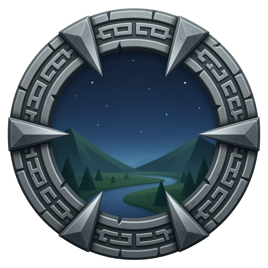 An ancient stargate made of dark gray metal with "Nine chevrons"(9) equally spaced around the rim, emoji