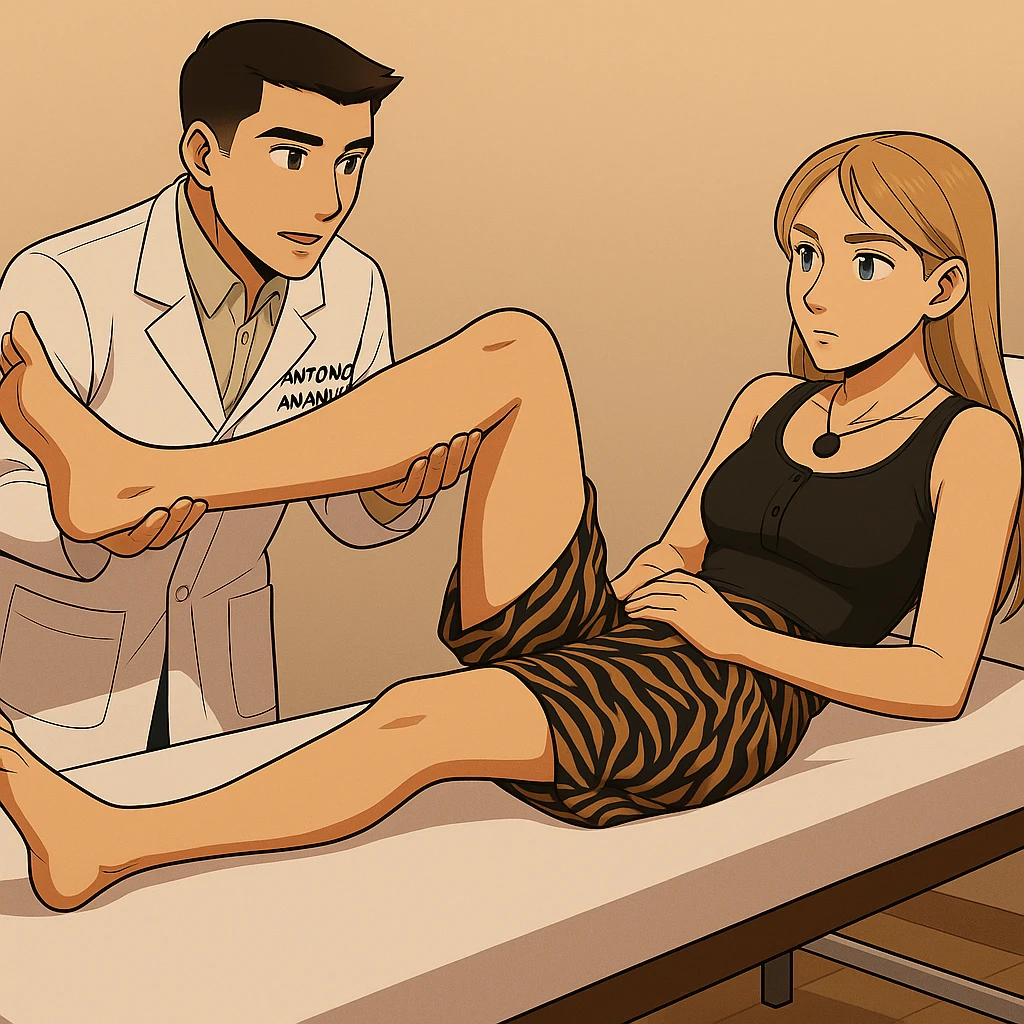 fai un webtoon/manga a colori con questo kinesiologo in camice bianco (fagli la scritta "ANTONIO ANANIA" SUL CAMICE) CHE SVOLGE UN TEST NEUROMUSCOLARE SOLLEVANDO UNA GAMBA ALLA RAGAZZA CHE è STESA SU UN LETTINO BIANCO. STANZA SEMPLICE E MODERNA, DURANTE IL TEST I DUE DIALOGANO TRA LORO. NON FARE I FUMETTI, FAI SOLO LORO COME SE DIALOGASSERO emoji