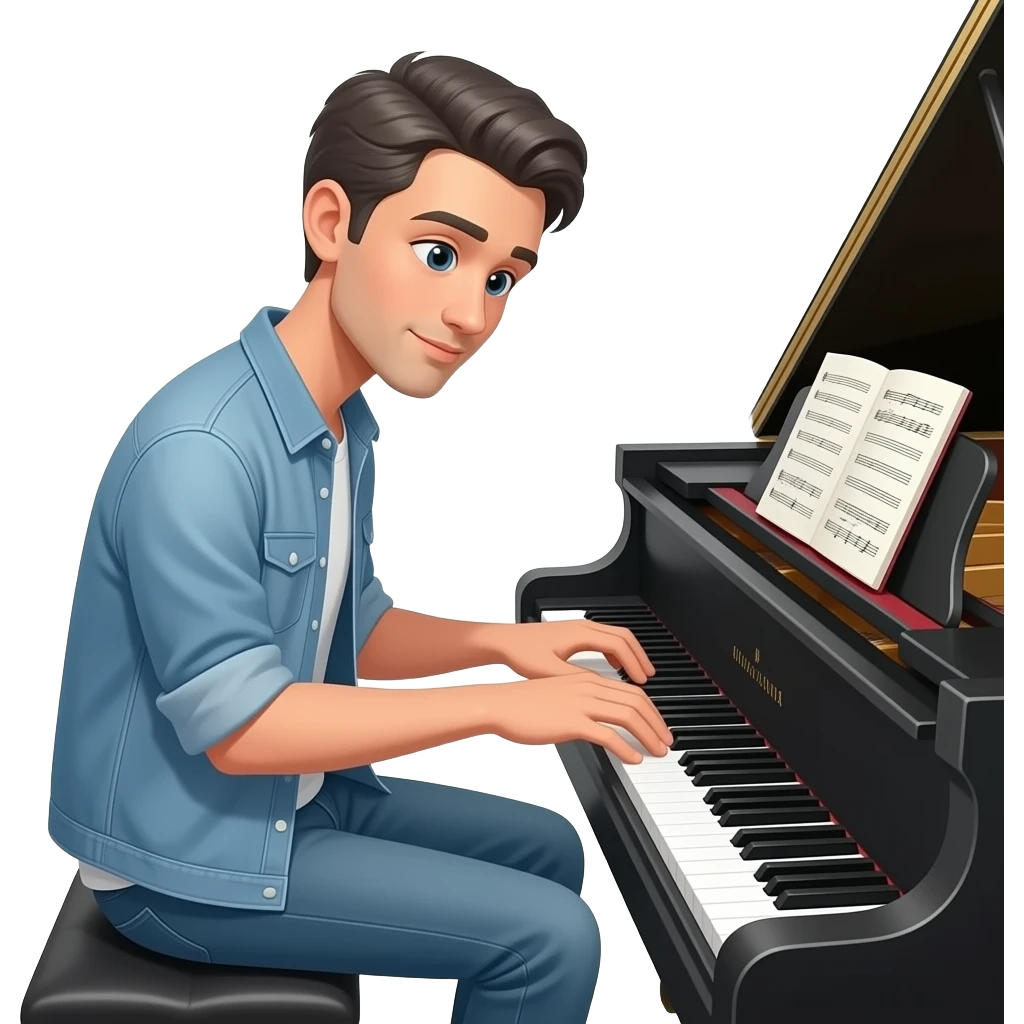 a tall skinny man with dark grey hair wearing casual outfit, writing song in front of a piano emoji