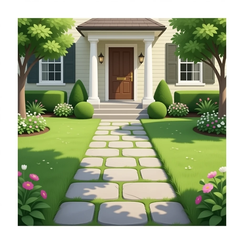 Create a realistic stone pathway leading to a house entrance, natural garden setting, green grass on both sides, soft sunlight, detailed stone texture, aesthetic, high resolution, peaceful atmosphere emoji