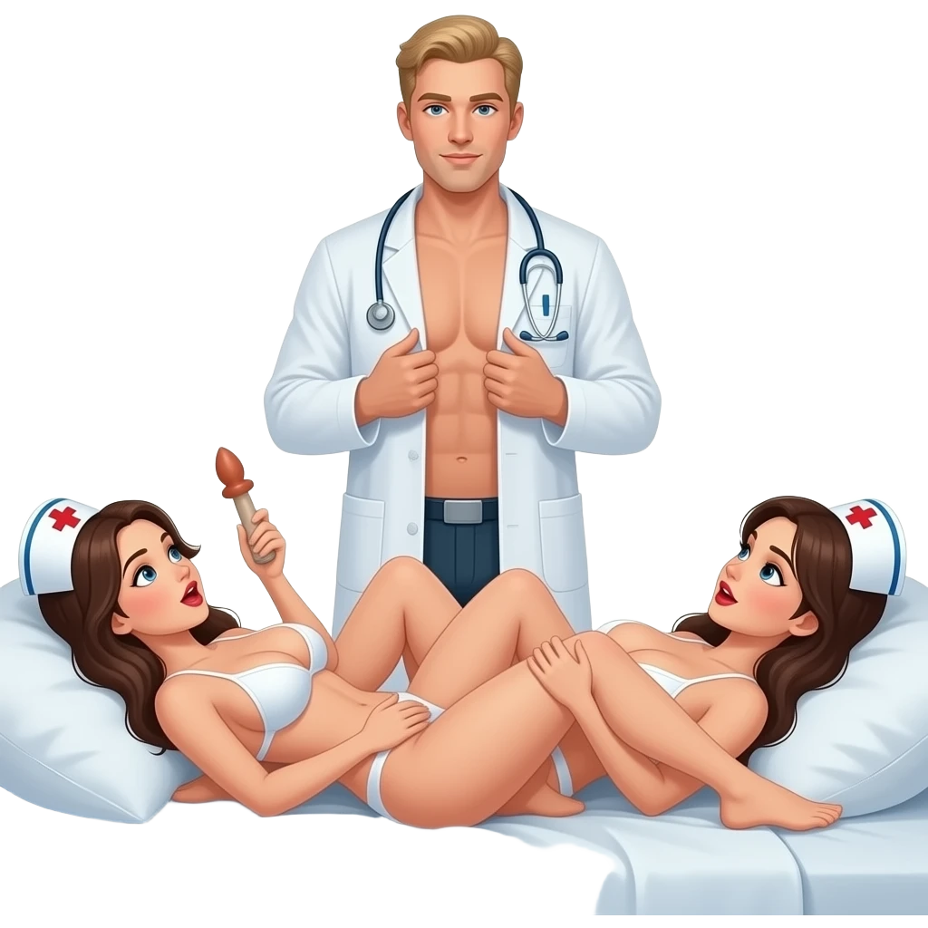 2 naked nurses with extra big sagging breasts and large nipples , slim, both nurses completely naked with open mouths, laying in a 69 position  style on bed, one nurse has a large dildo in hand, behind them is a tall blond male doctor, also naked with his hands on each breast emoji