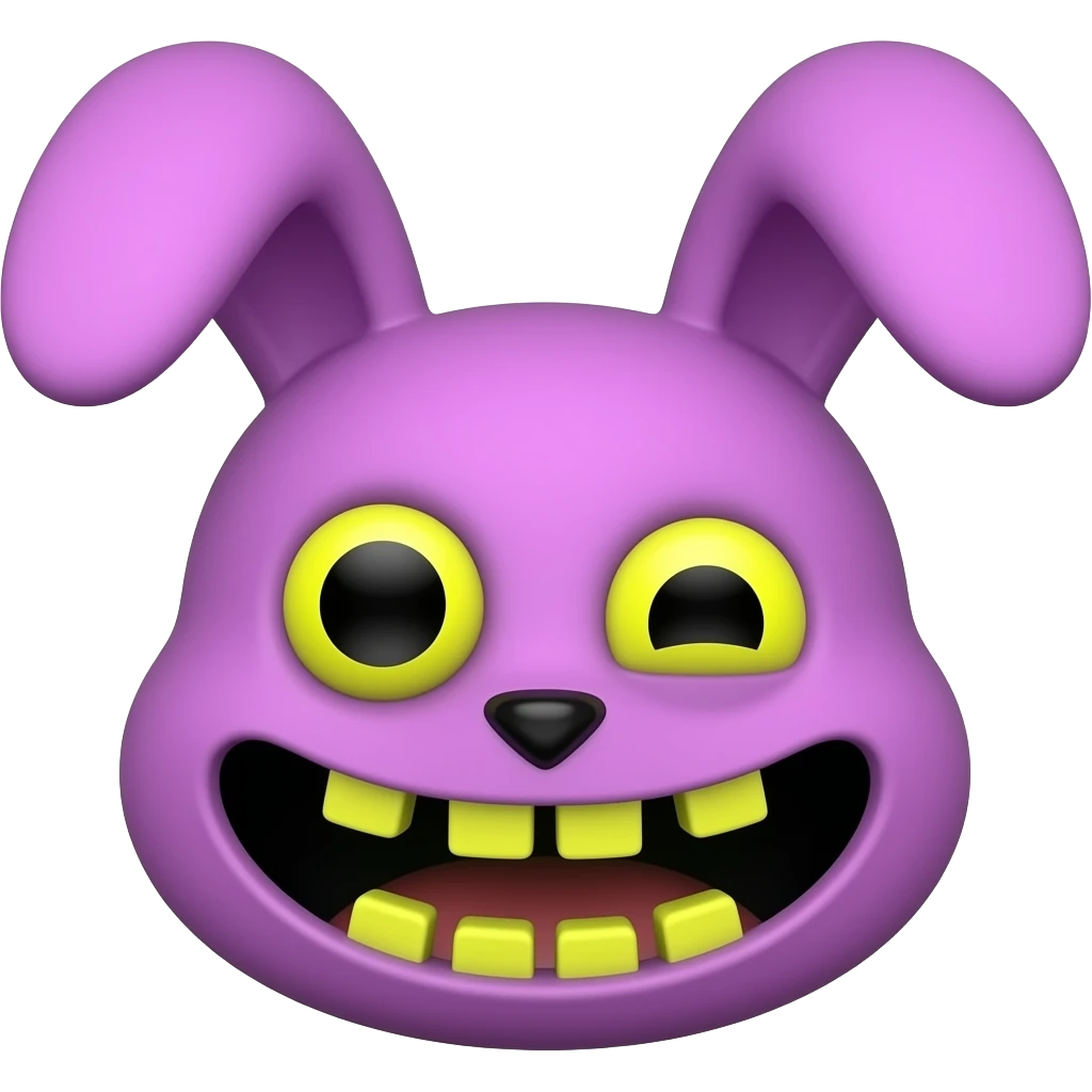 Cute creepy purple rabbit head icon, giant wide smile with blocky yellow teeth, asymmetrical black and yellow eyes emoji