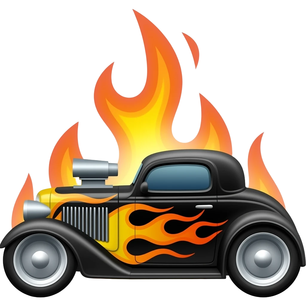 hotrod black with flames, highly detailed, hyper realistic emoji