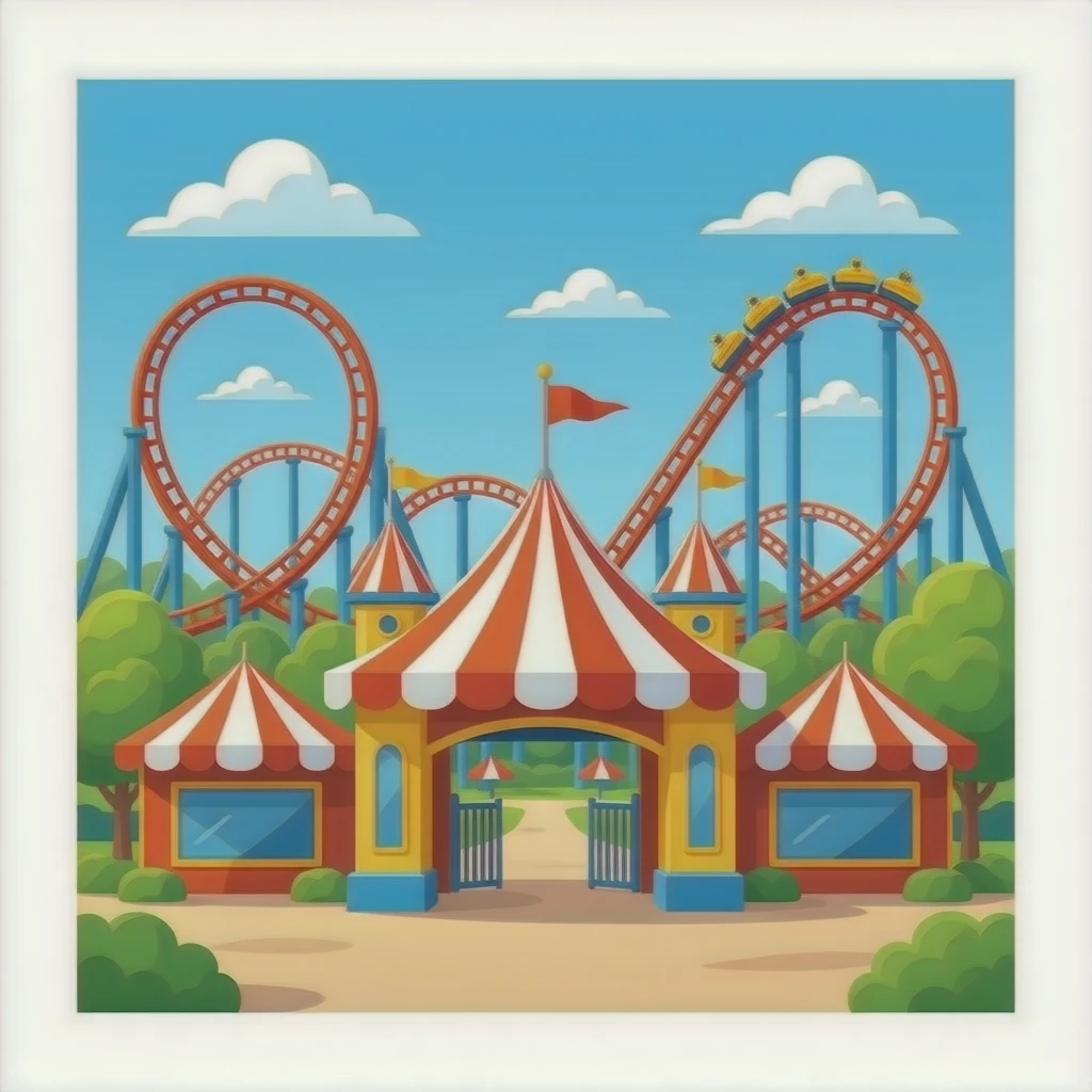 a theme park entrance with roller coasters in background, emoji emoji