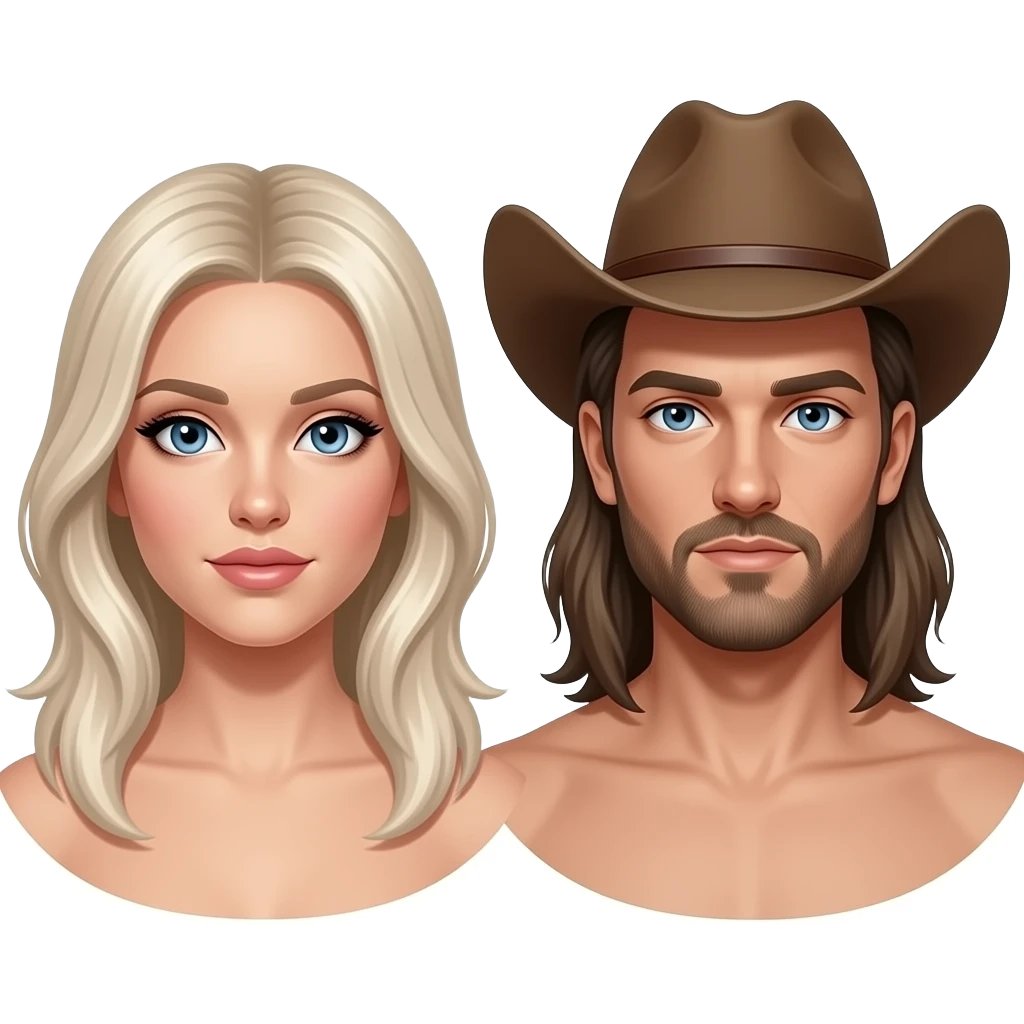 Naked woman and naked man, woman with platinum blonde hair blue eyes and eyeliner, man with pale skin beard blue eyes long hair and a cowboy hat emoji