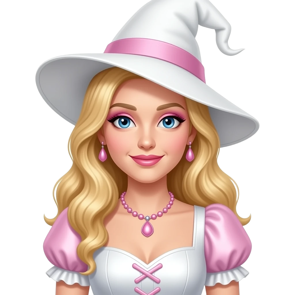The Good Witch from The Wonderful Wizard of Oz with blue eyes, long blonde hair, pink eyeshadow, pink lipstick, white and pink metallic sweetheart sleeve dress, white witch hat, pink necklace and earrings emoji