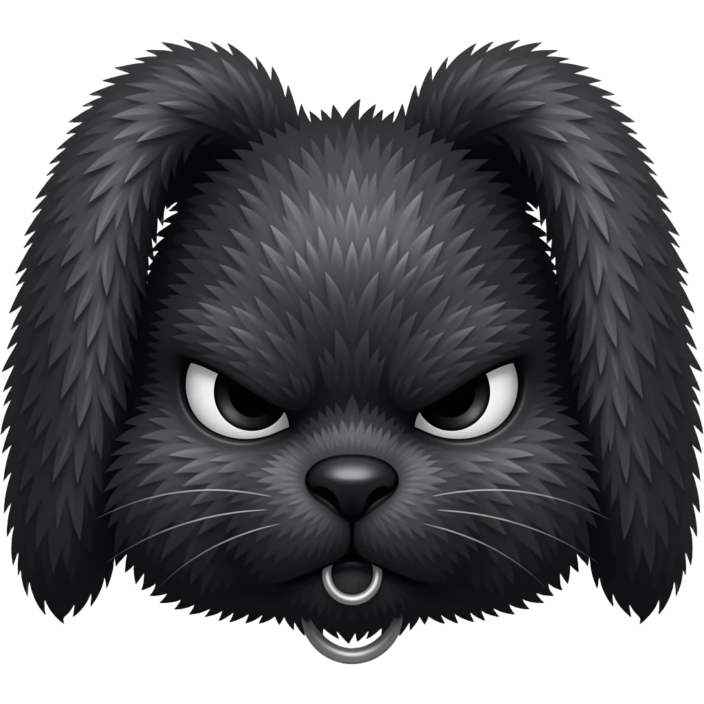 a black rabbit with a lot of fur, JUST a wide face with ring piercings, drooping ears forward and down, large black eyes and eyebrows, and a stern, tired look emoji