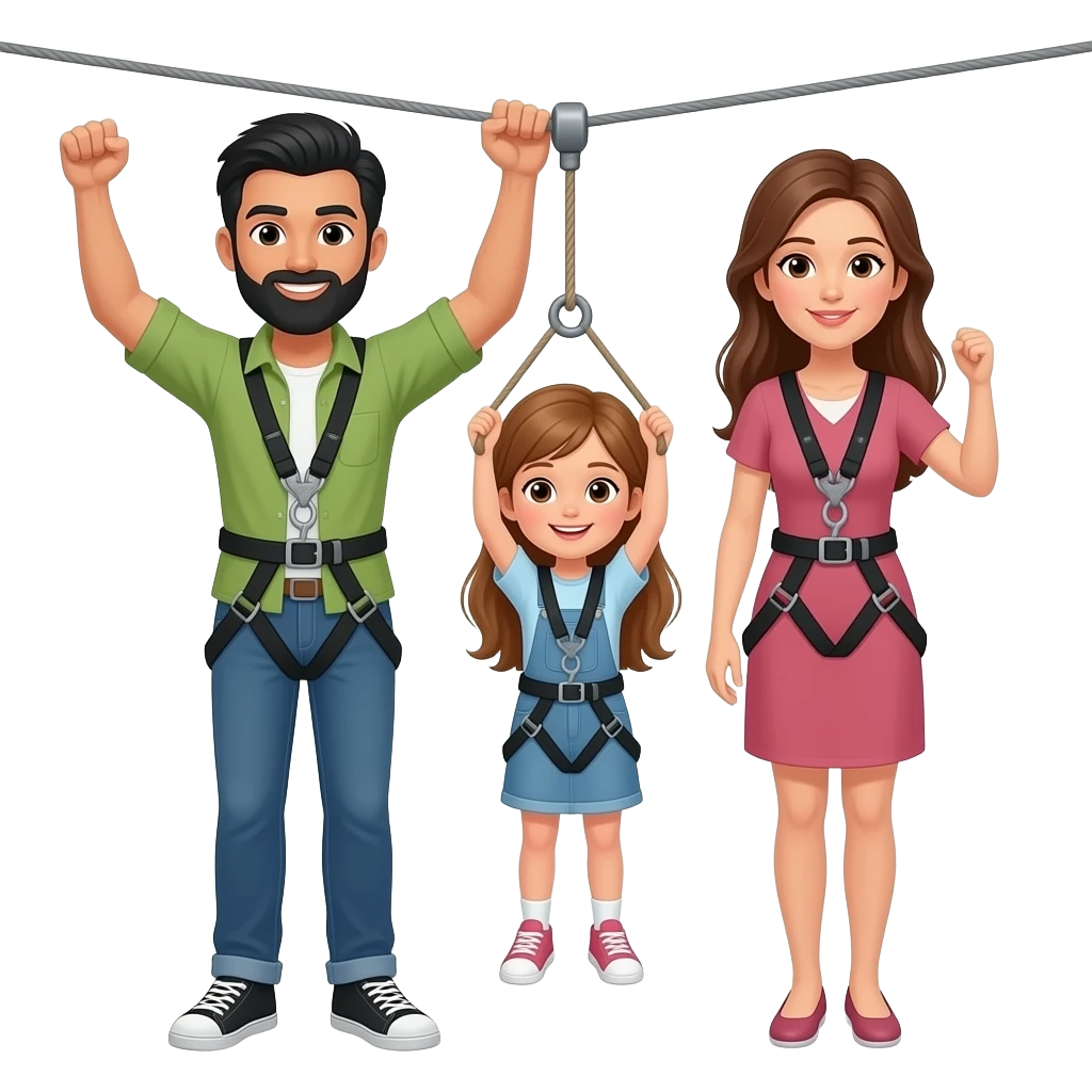a man with black hair and a black beard with a woman with long brown hair and a little girl with long light brown hair on a zip line emoji