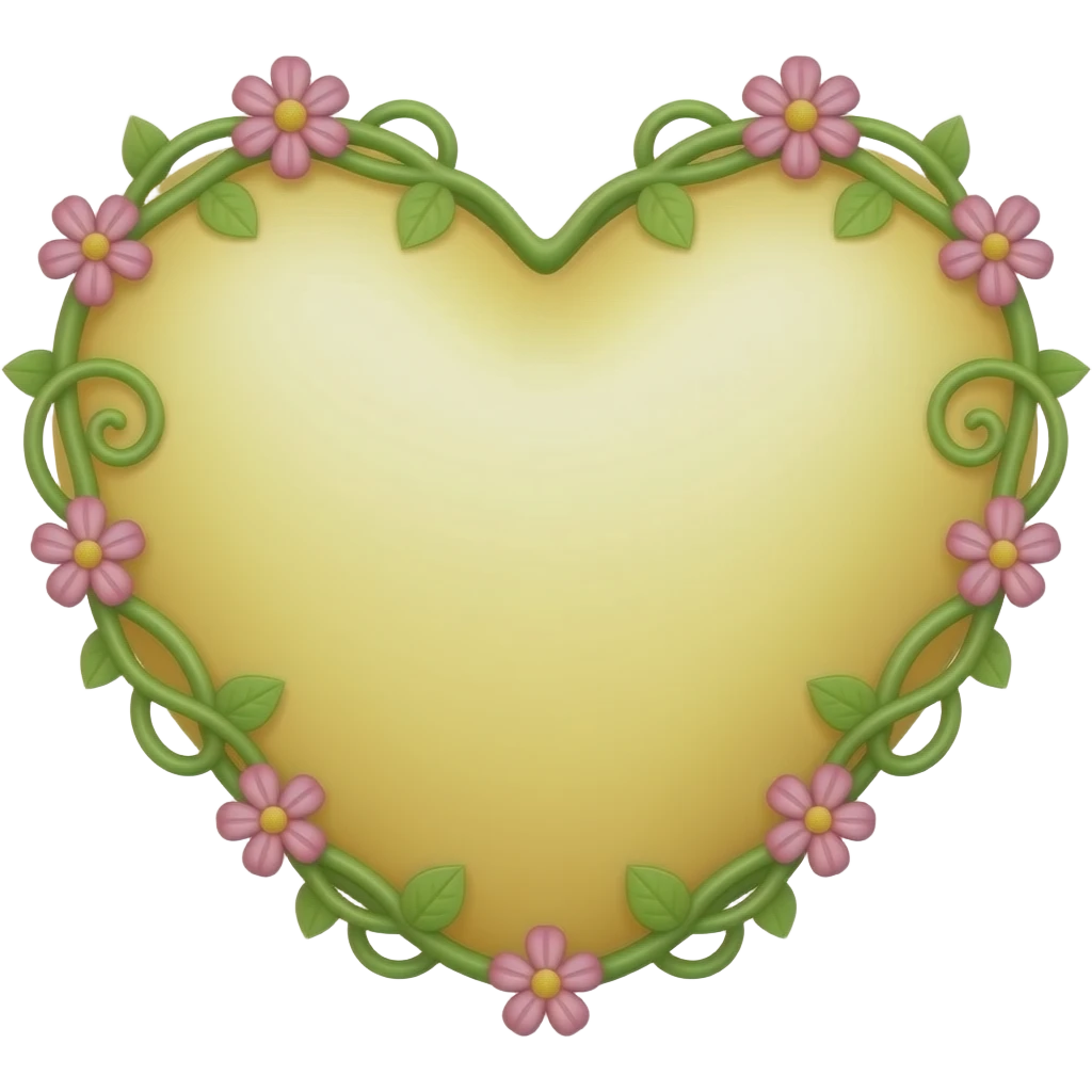 light yellow heart with a border made of green vine with pink flowers, simple, minimalism emoji