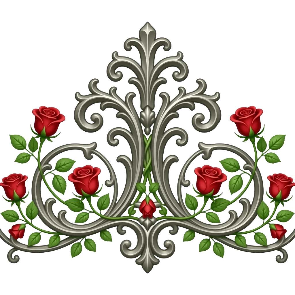Create a beautiful and elegant horizontal decorative line in metallic antique silver with ornamental flourishes in a Gothic and Baroque style, also in metallic silver, featuring green foliage with red roses of varying sizes. The background is white. Illustration style: cartoon – Art Deco – 2D emoji