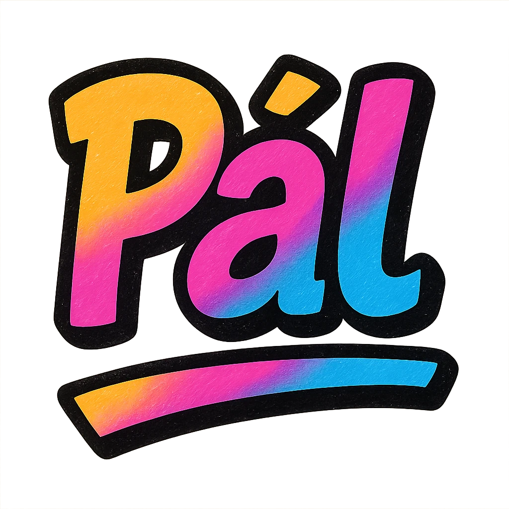The name 'Pál' in a modern, colorful gradient font with a dark outline, dynamic, slanted or partial underline, in the style of reference patterns. emoji