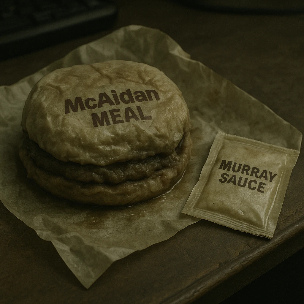 A close-up of a soggy 'Mcaidan' meal and a side of 'Murray Sauce' on a desk, with clear labels on the wrappers. The food looks unappetizing and depressing, emphasizing a gloomy mood. emoji