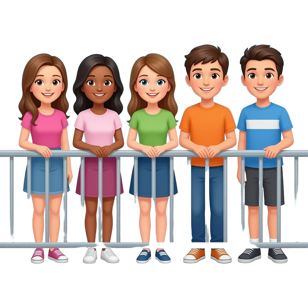 lunchtime with 3 girls and 2 boy on balcony with blue sky emoji
