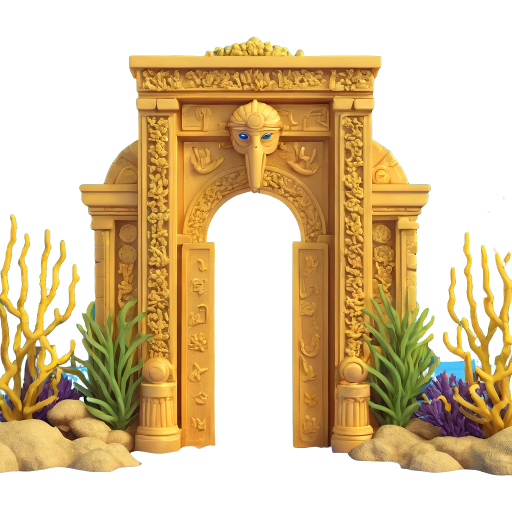 submerged ancient Anunnaki golden gateway, encrusted with barnacles, sea plants emoji