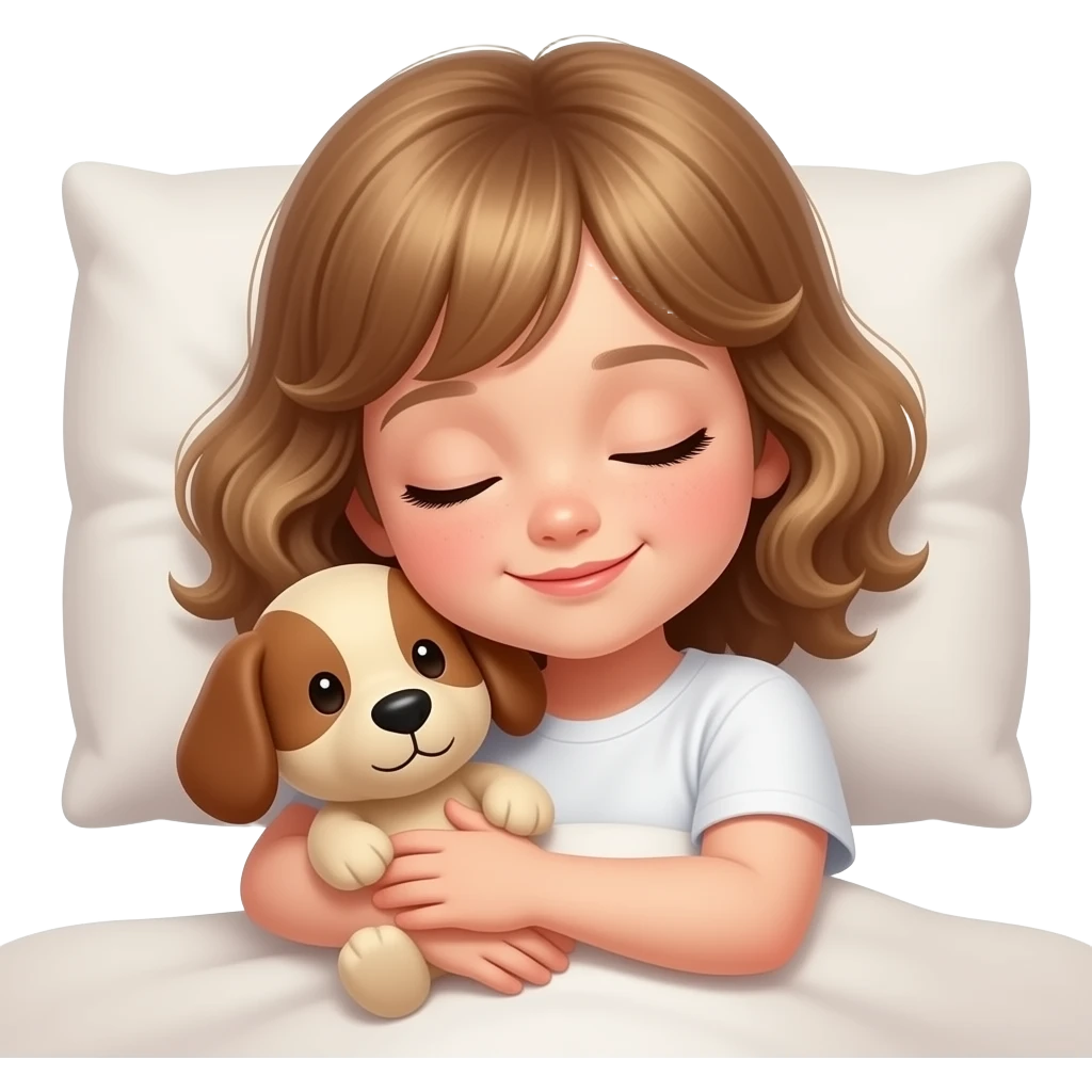 white kid  mid length hair to shoulders with bangs soft curly hair to shoulders in color: middle to little darker blond. sleeping on a pillow with a soft smile and hugging a brown beige stuffed dog emoji