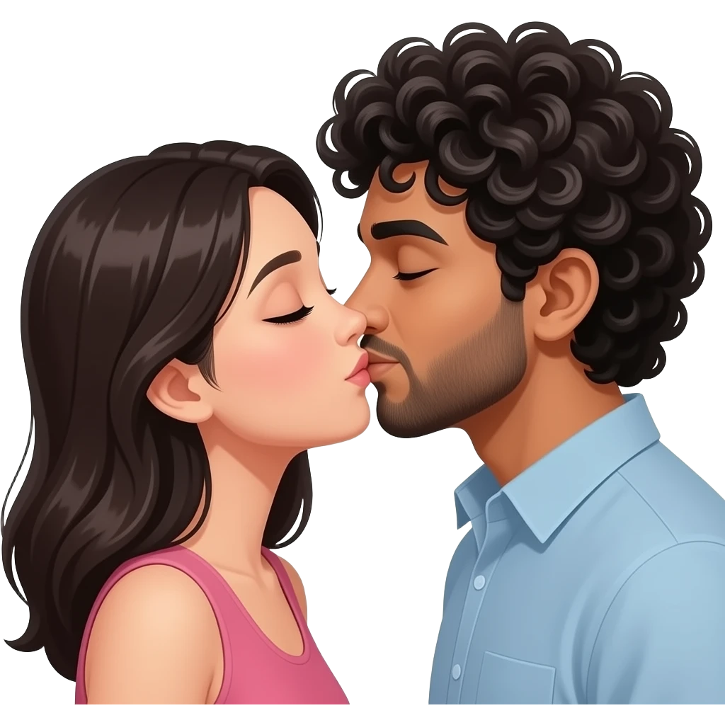 Kissing emoji with East Asian woman and Indian man with curly hair emoji