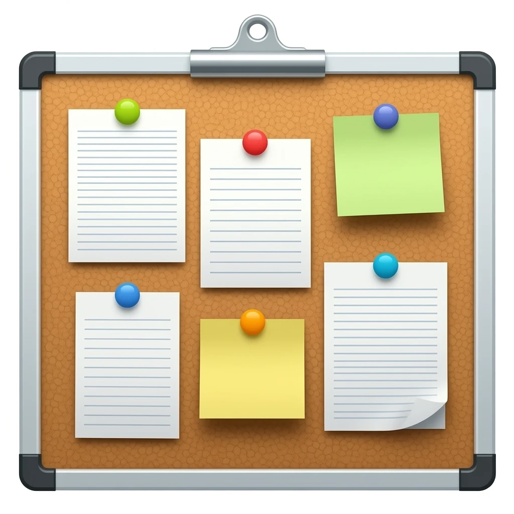 message board with posted notes. absolutely no clip at the top emoji