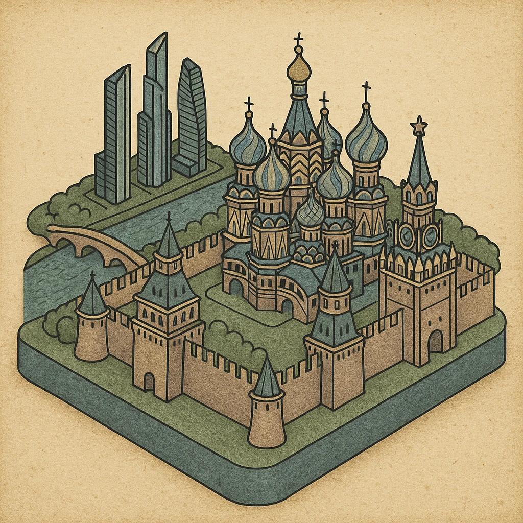 Изометричная миниатюрная 3D модель Москвы на подставке - фотореалистичный Кремль, собор Василия Блаженного, Башни Москва-Сити, аккуратная детализация, яркие цвета мультяшный реализм, компактная композиция,  вид сверху в изометрии emoji