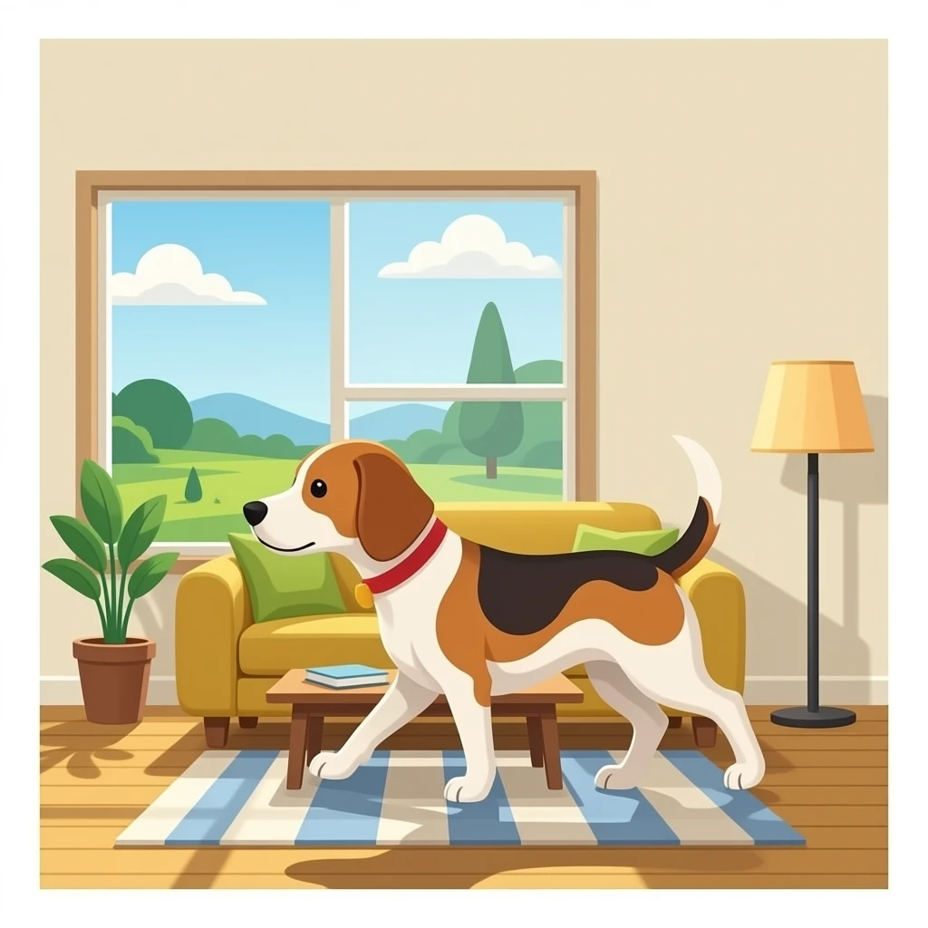 The dog walks into the living room. emoji