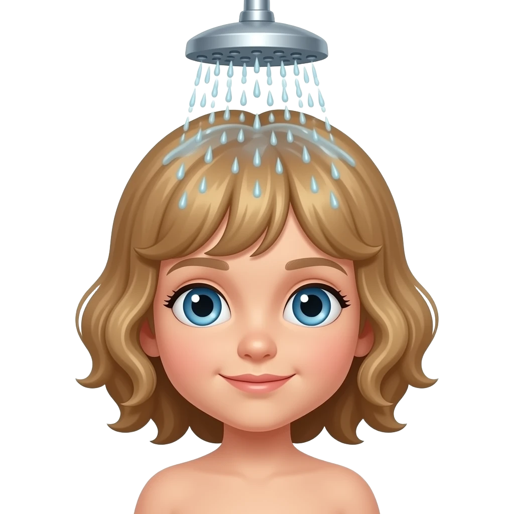white kid blue eyes mid length with bangs soft curly hair to shoulders in color: middle to little darker blond, standing under showerhead with water emoji
