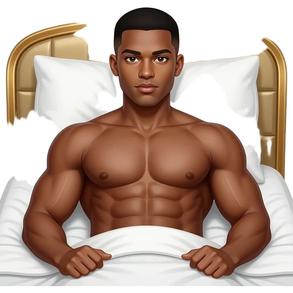 make a black skinned 20 year old man in a brown low taper fade with his shirt of and bunch of abs and big muscles looking hot in his rich bed emoji