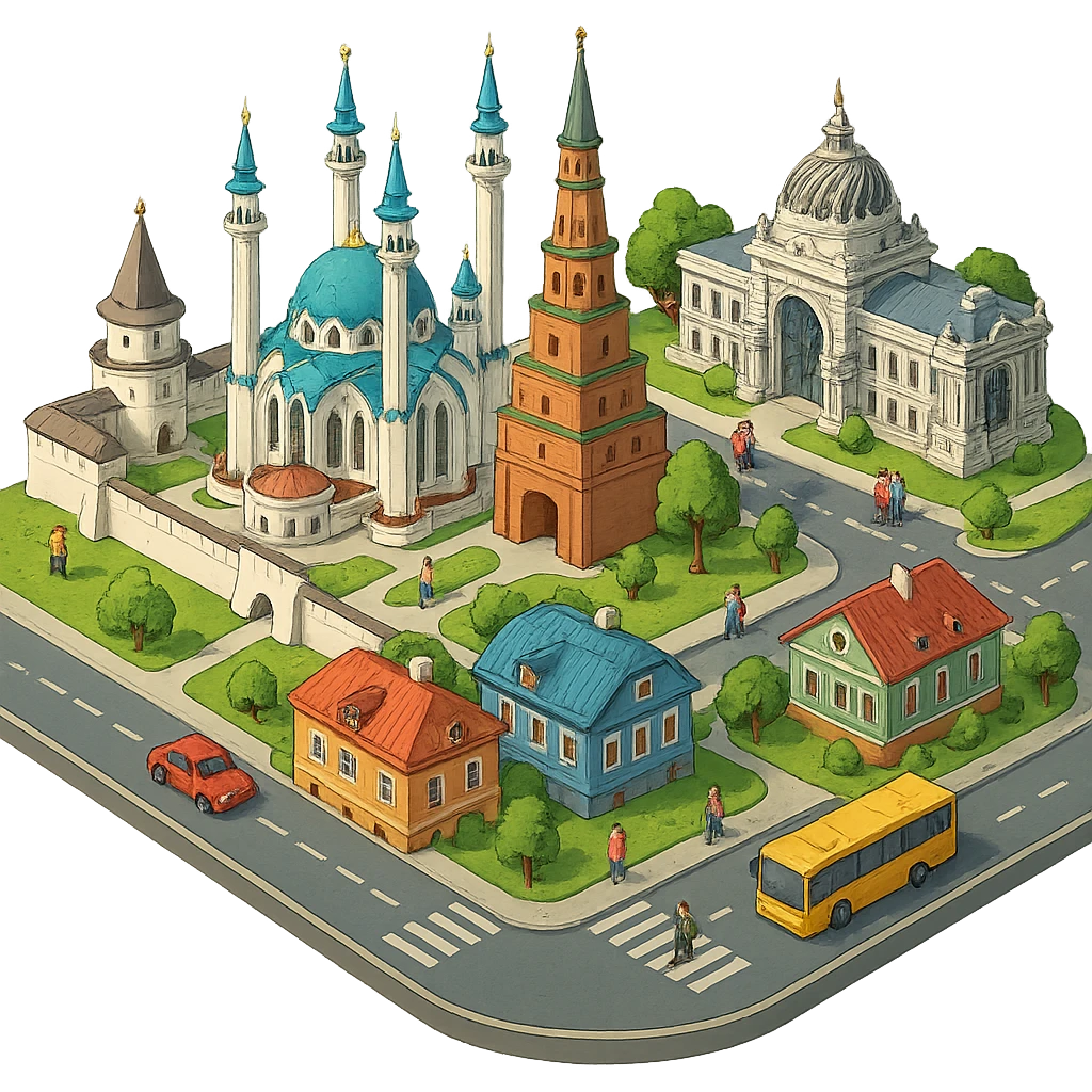 Изометричная миниатюрная фотореалистичная 3D модель Казани - Казанский Кремль, Кул-Шариф, Башня Сююмбике, Дворец земледельцев, казанские дома, автотранспорт четкие линии, яркие цвета, мультяшный реализм, люди, автотранспорт, компактная композиция, вид сверху в изометрии, прозрачный фон emoji