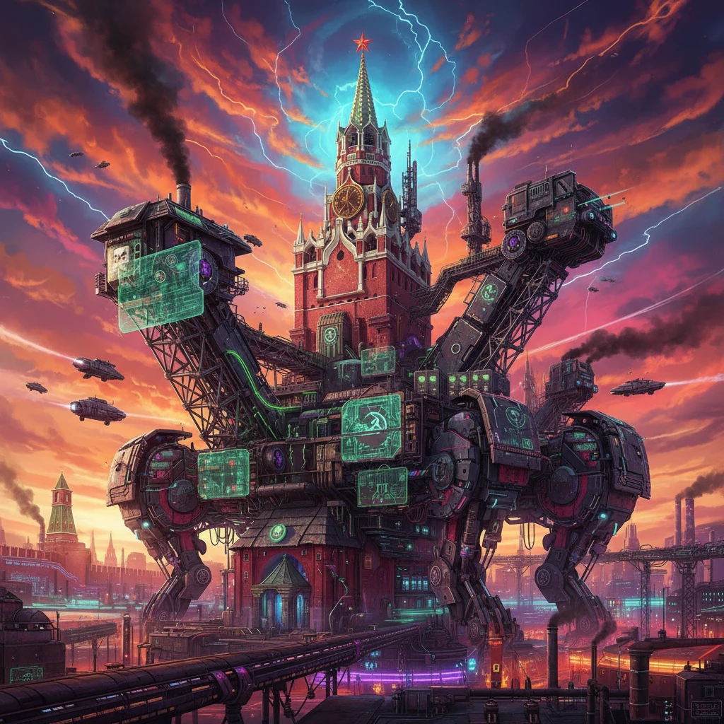 Московский Кремль, но на таких опорах и достройках, как будто его превращают в объект из Warhammer. Стиль ретрокиберпанк и Warhammer. Яркая, красочная стилистика. Как в Atomic Heart emoji