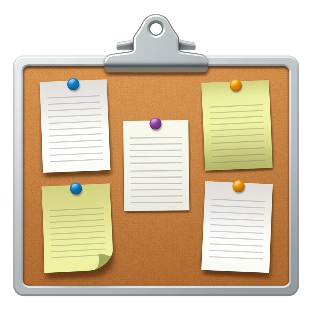 message board with posted notes. absolutely no clip at the top emoji