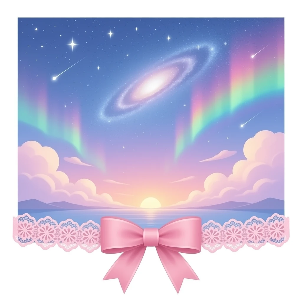 パステルカラーの星空、天の川、銀河、オーロラ、虹、淡いピンクのレース、コケットリボン emoji