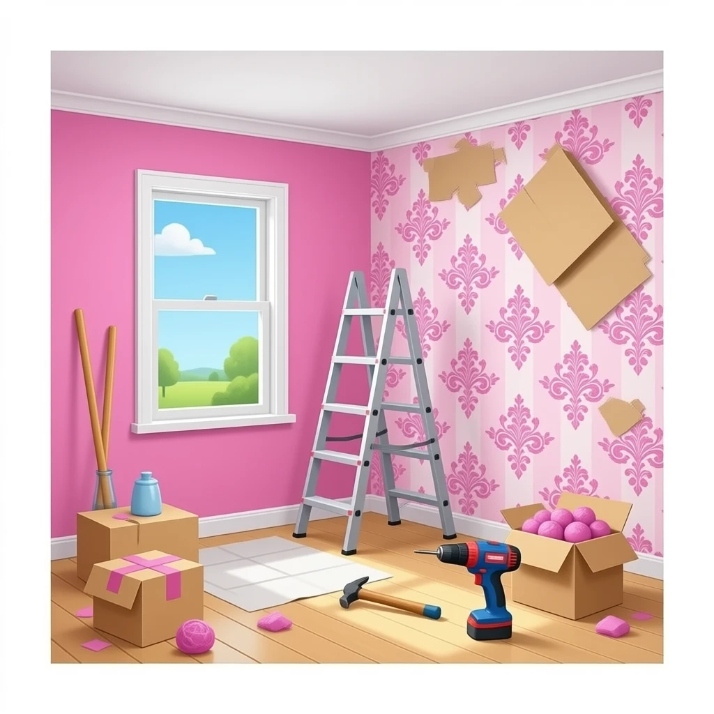 a room with one wall pink. another wall has wallpaper about to be put onto it. ladders, hammers, drills, and boxes of pink decorations around the room emoji