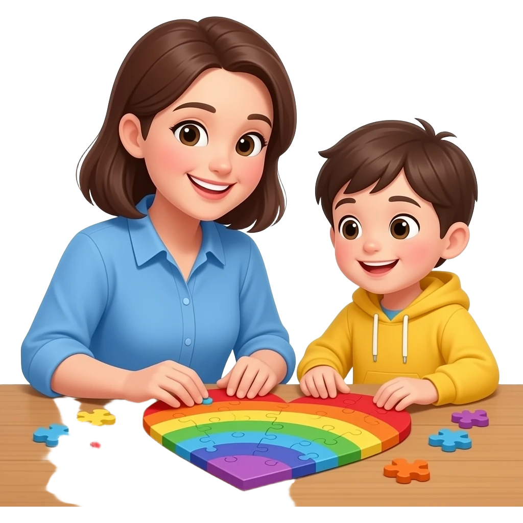 heart rainbow puzzle with one mom and one children making the puzzle emoji