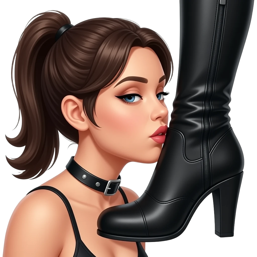 A submissive wearing a collar kissing a domme's boot clad leg on the toes. the image should focus on her head as she kisses the boot. emoji