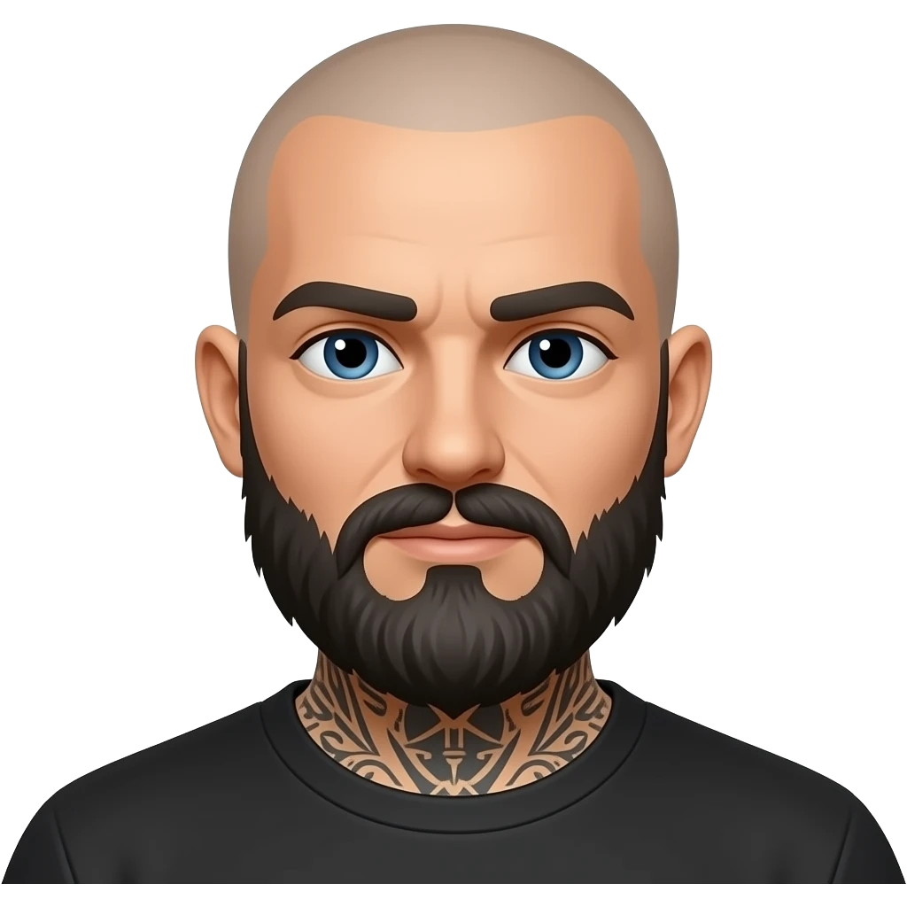 Biker bald with black beard and head and facial tattoos emoji