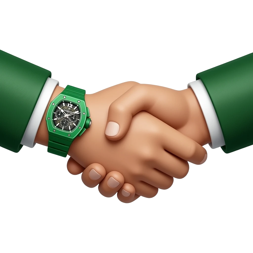 create me hand shake where one of two hands have green richard mille watch on hand, and this hand with watch is on left side, both hands have green suit on. isolated and centered with padding on both sides to avoid cropping. Give a lot of 8k details to this suits sleeves, watch and hands. emoji