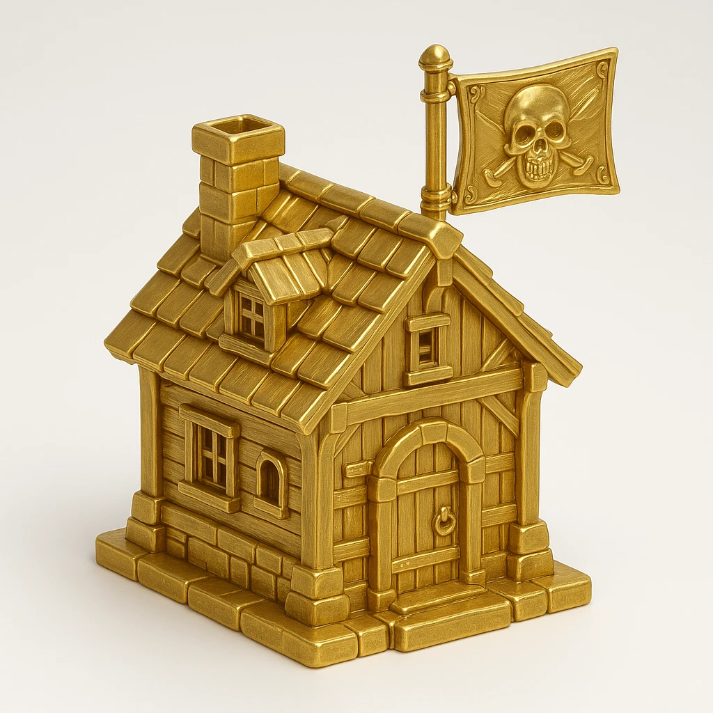 old pirate's house with skull flag emoji