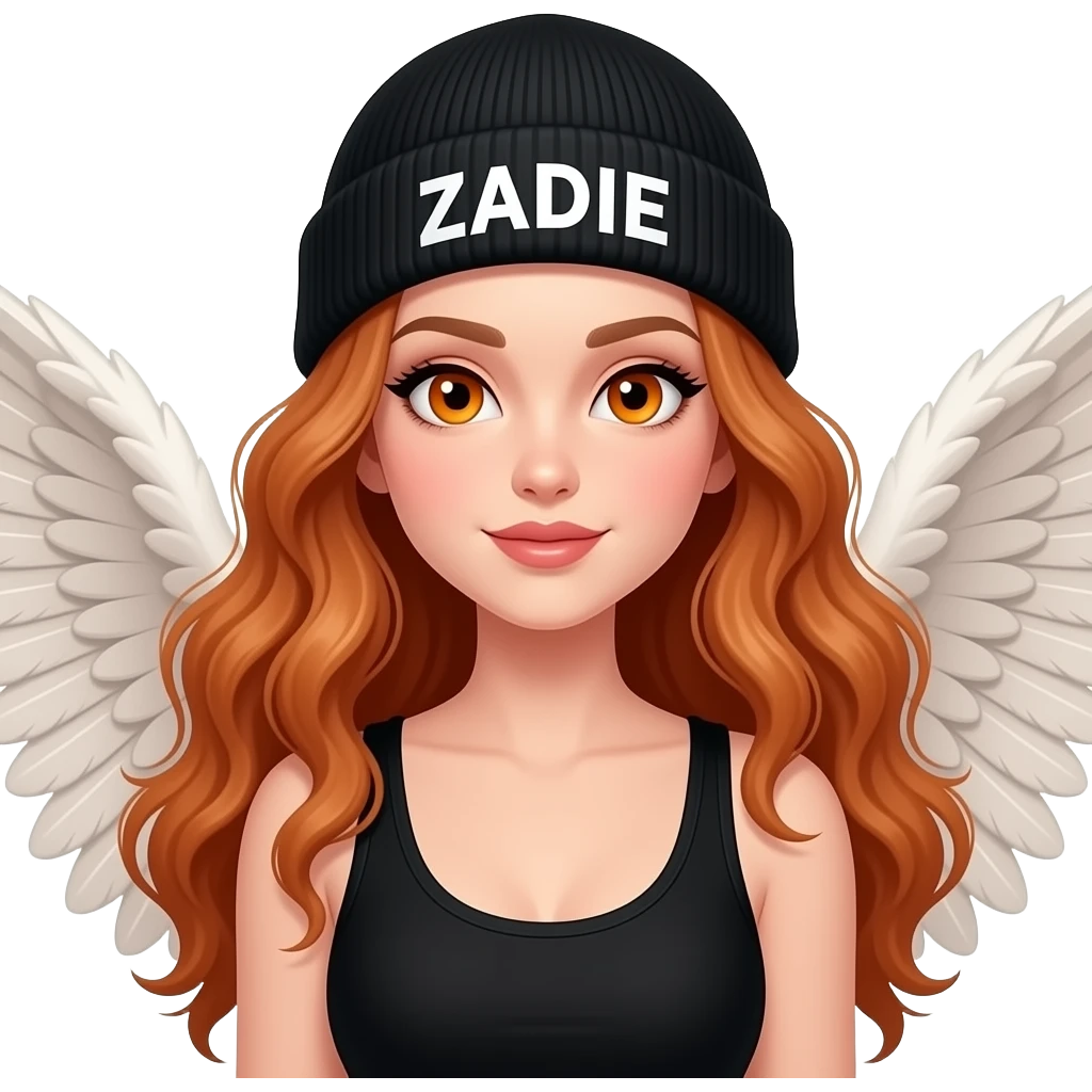 sexy girl with overlong wavy ginger hair and ginger eyes wearing a black tanktop and a black beanie with ZADIE written on it, is wearing big wings emoji