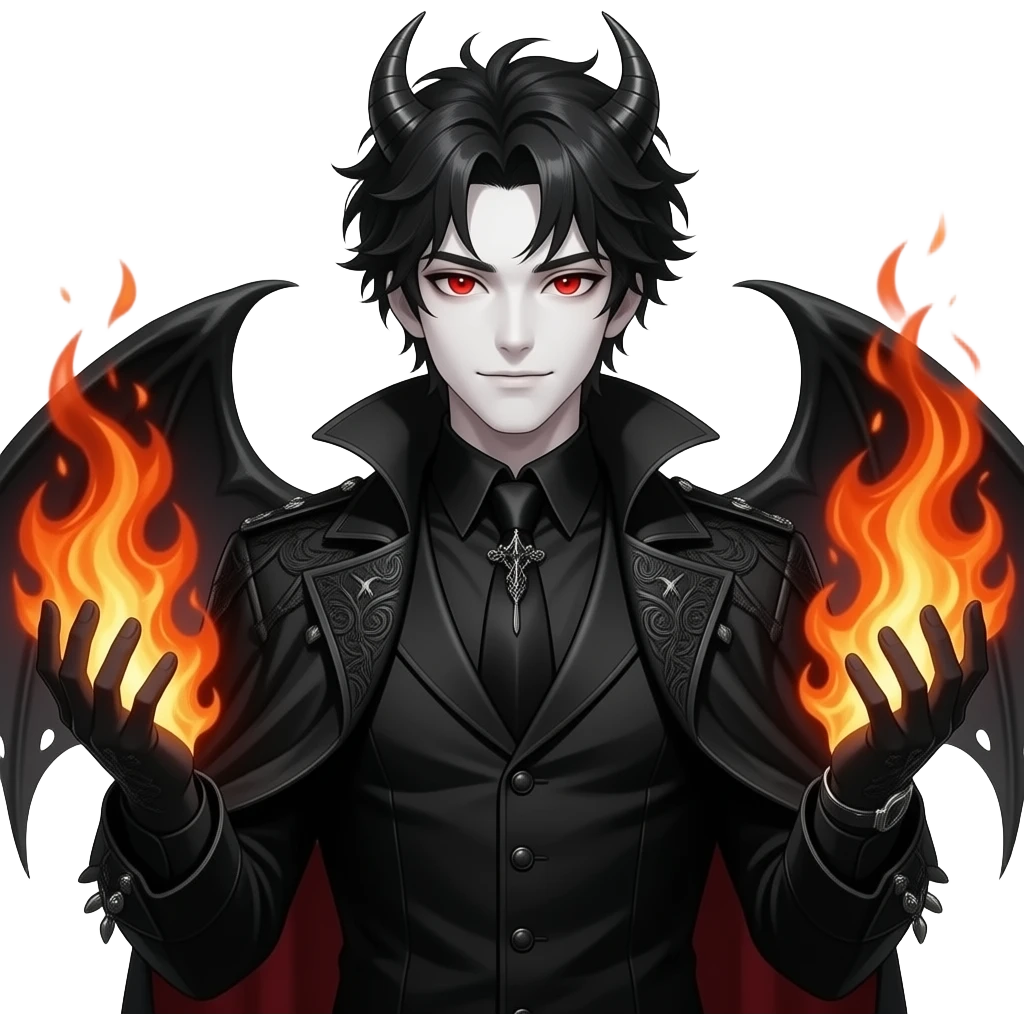 full body emoji partly demonic male with messy black hair, deathly white skin, a confident facial expression and bright red eyes, in a gothic-style black outfit and fire in his hands emoji