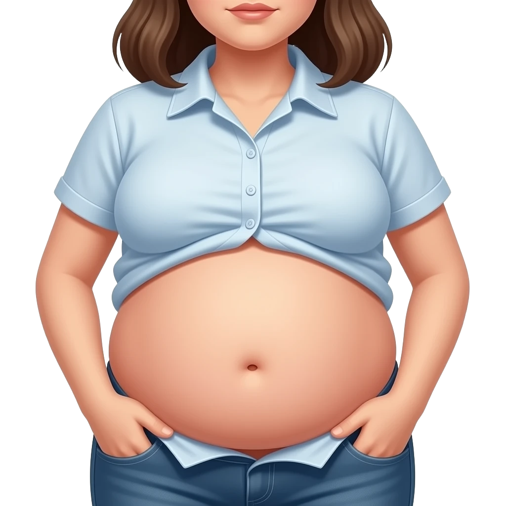 Showing a girl’s big full stomach with a bellybutton going peekaboo and her shrunk shirt losing the battle of the bulge as the poor failing clothes button pop off. emoji