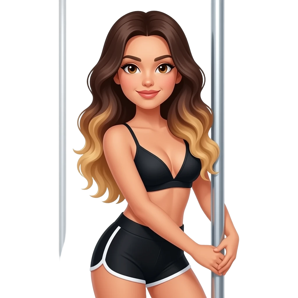 Brunette balayage in plack workout shorts and bra pole dancing emoji