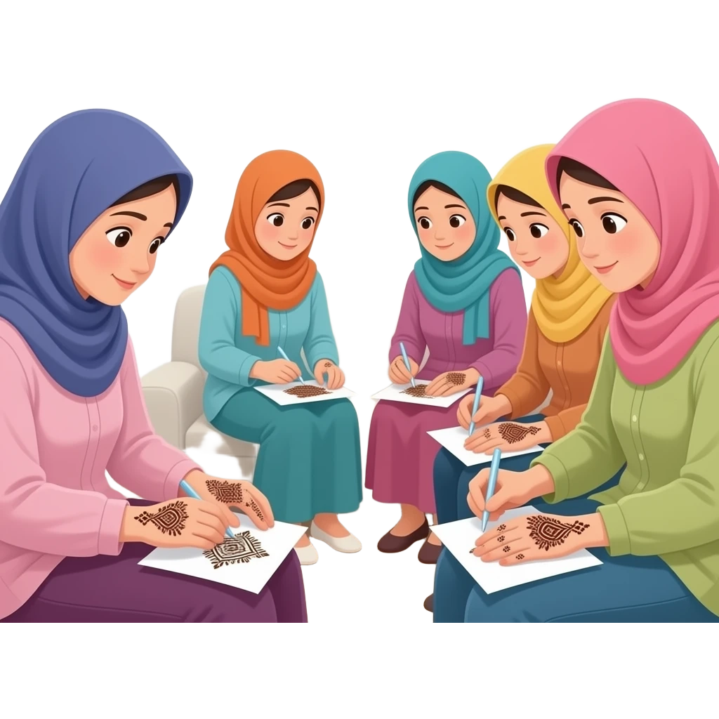 background room girl sitting and doing handcraf mehndi hijabis not too colorful many girls in a room with background more cartoonic improve. no colorful hijab mehndi on hands not on paper emoji