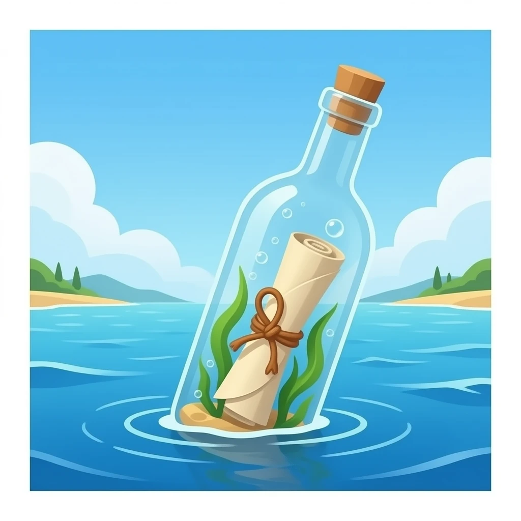 message rolled into itself with knot on the paper, in a bottle floating at sea. The sea is kinda a squared box from bottom to middle of image emoji